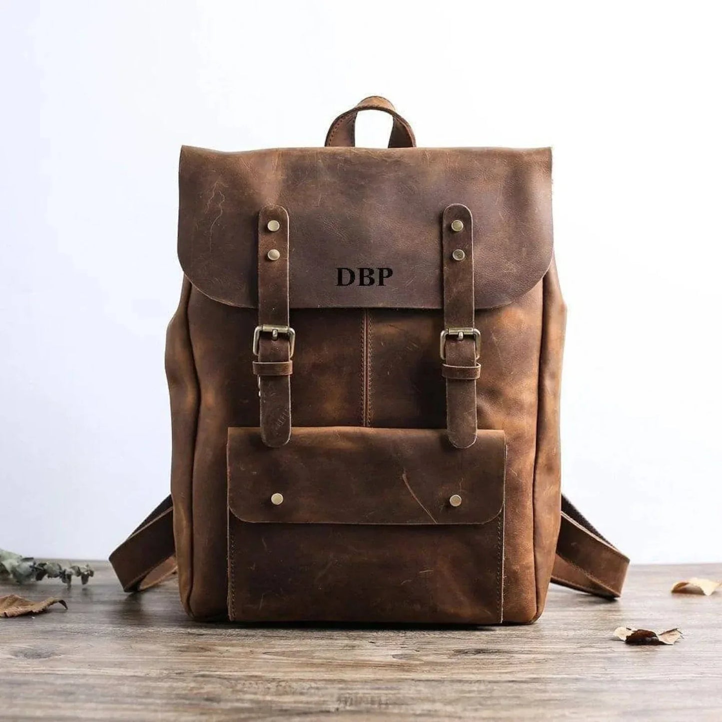 Brown cowhide leather backpack rucksack laptop travel
