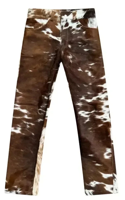 Cow Skin Pants Brown White Real Hide Leather Trousers