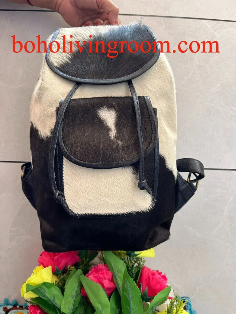 cowhide backpack black white drawstring leather bag