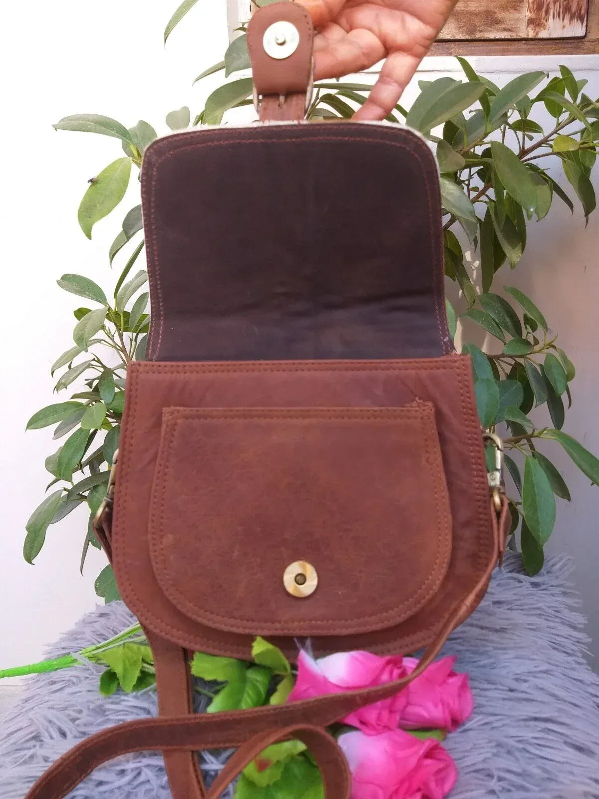 natural cowhide crossbody bag brown white leather purse