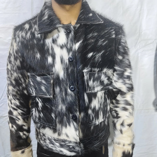Make a statement in a premium cow fur jacket crafted from authentic cowhide with a unique black and white speckled design.
