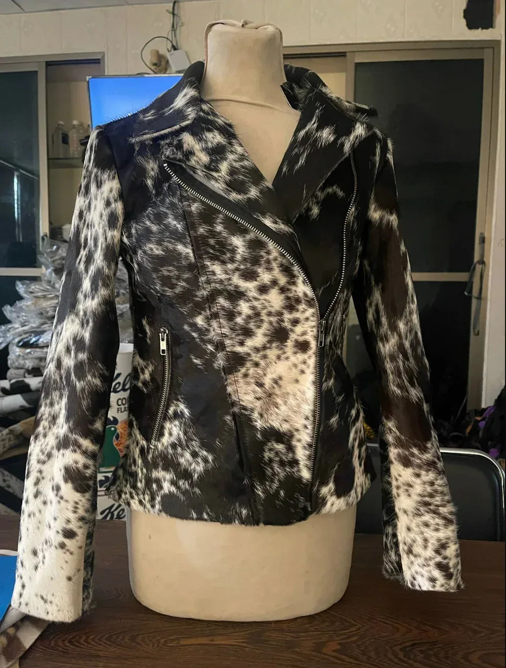 cowhide jacket women black white hair on hide