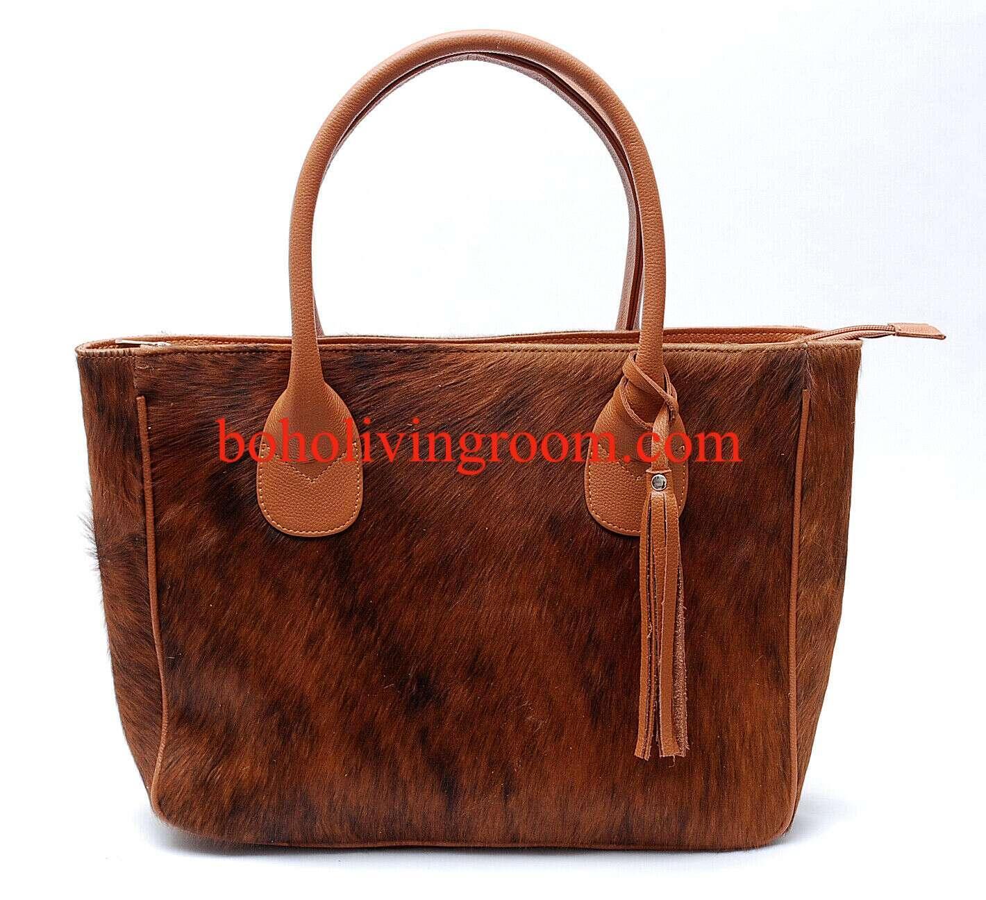 solid brown cowhide tote bag leather hair on hide handbag