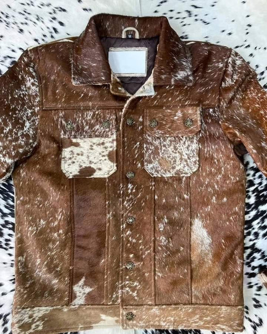 Turn heads with a real cowhide jacket mens or women's edition featuring bold speckled brown and white patterns. Made from full grain cowhide leather jacket material with natural textures.
