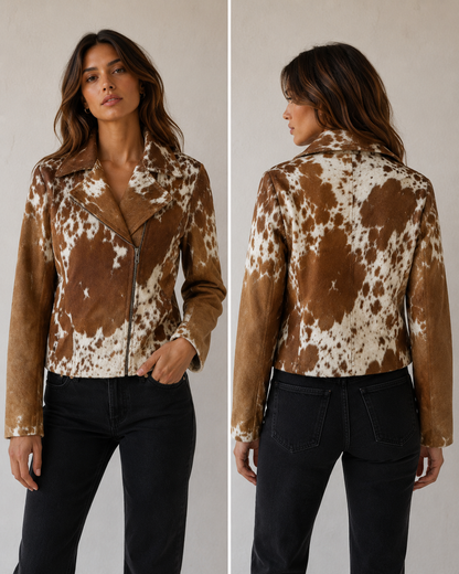 Women Cowhide Jacket Brown White