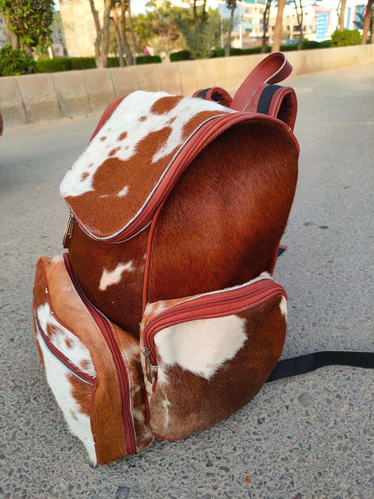 cowhide travel backpack brown white leather bag