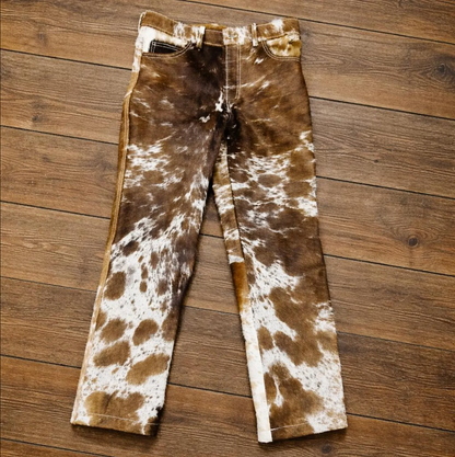 Real cowhide pants women western cow print trousers