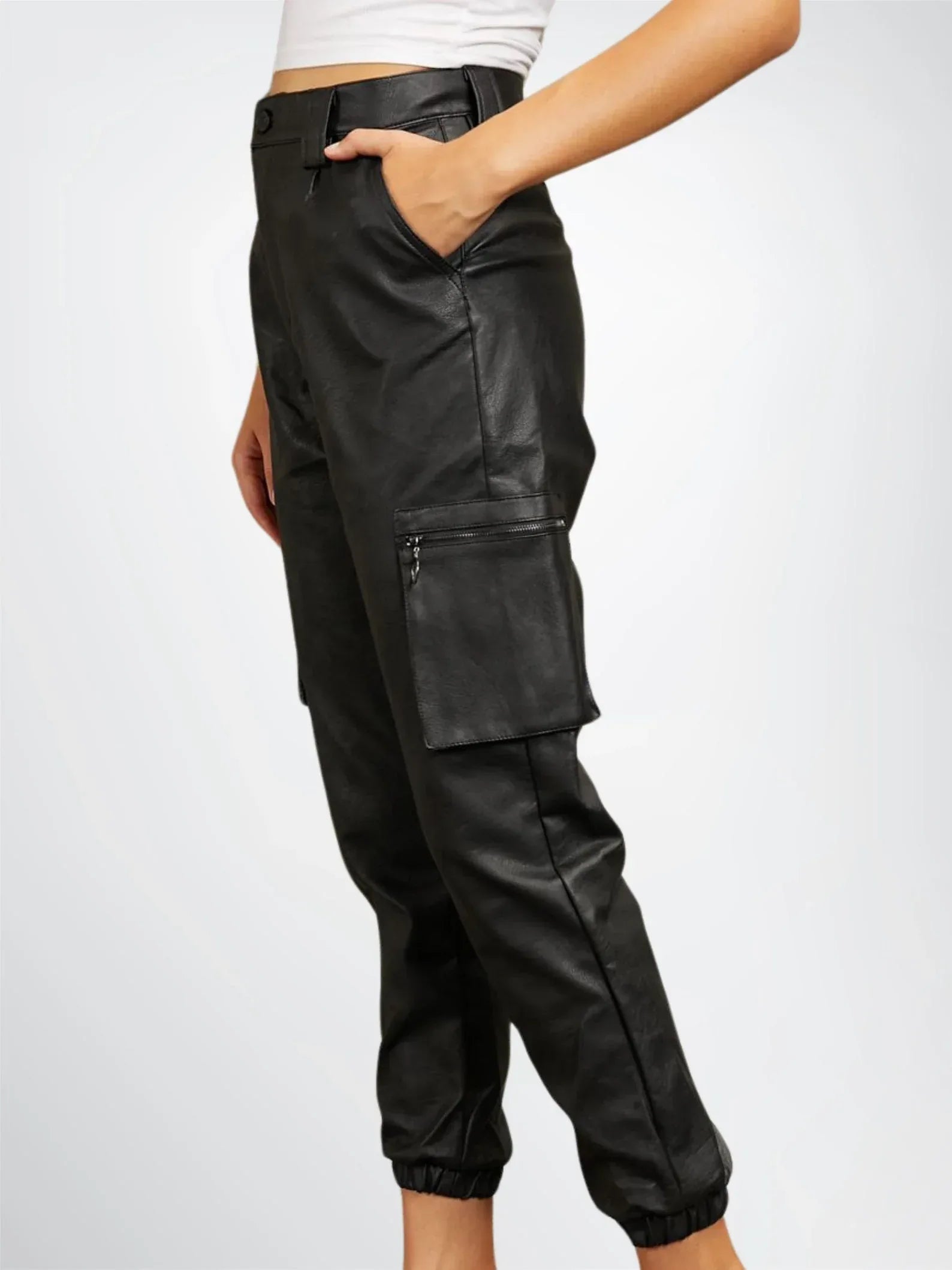 Womens Leather Cargo Pants – Black Sheepskin High Waist