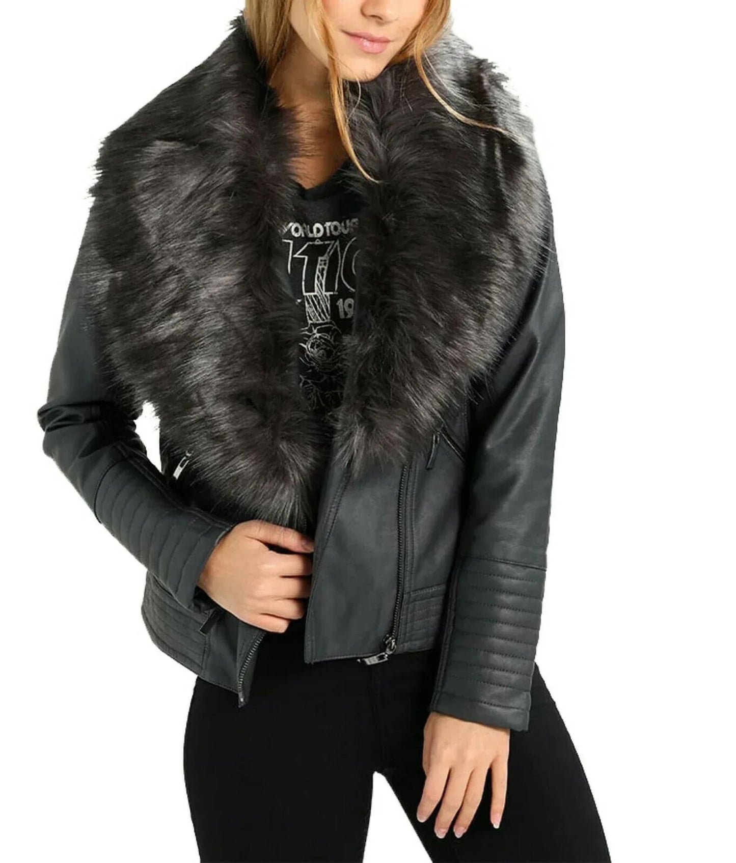 Black Shearling Coat Women Leather Fur Collar Jacket