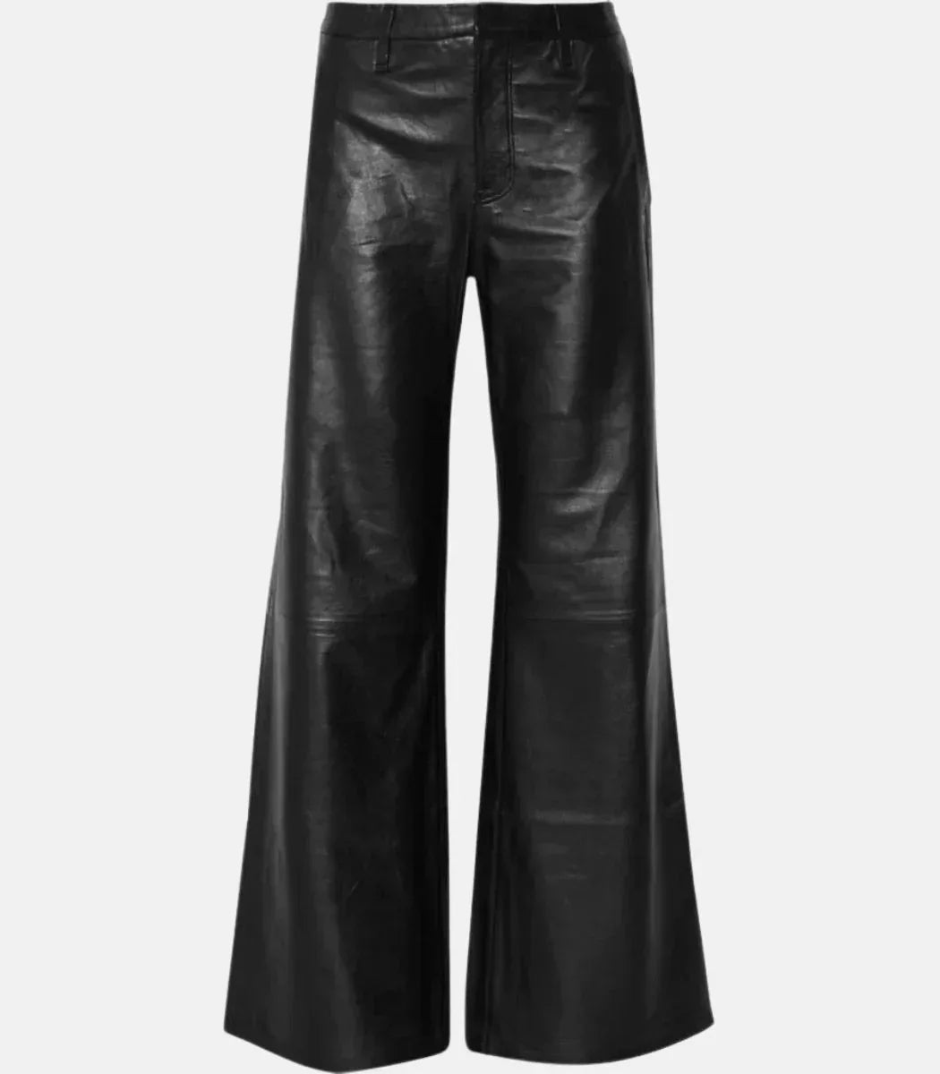 black leather baggy pants women wide leg real leather trousers