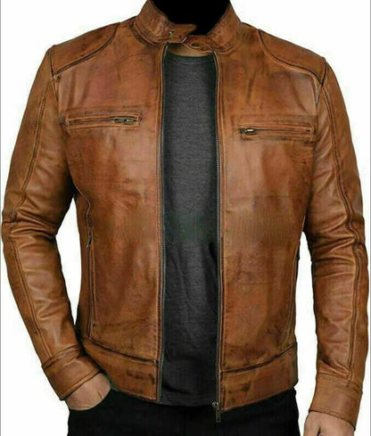 Mens Brown Leather Racer Jacket Slim Fit