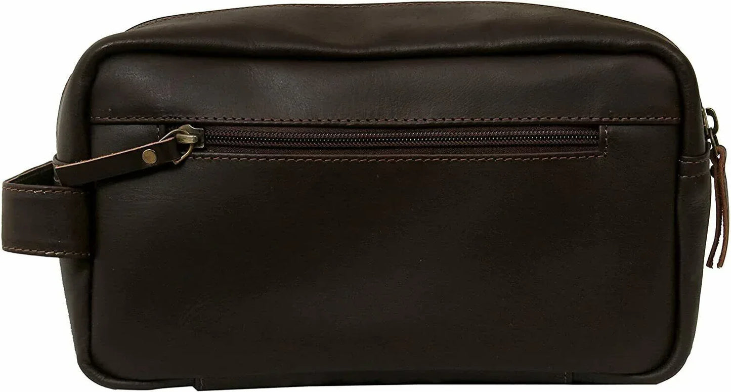 Genuine Leather Mens Toiletry Bag Dark Travel Organizer