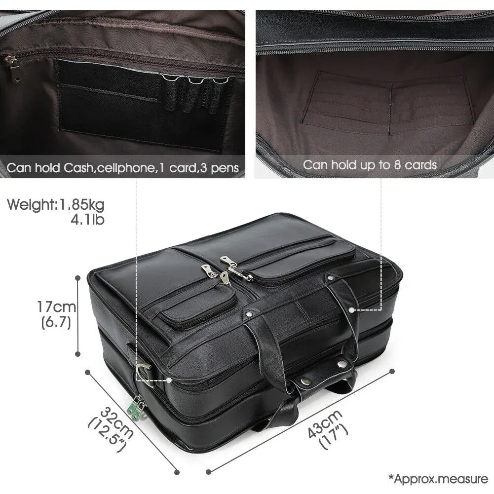Mens leather briefcase 17 inch laptop bag