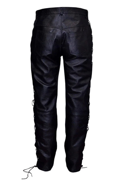 Laced leather pants real black biker pants with lace up sides for men