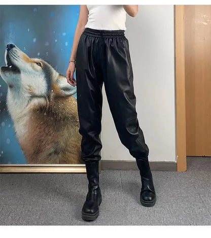 Women Leather Pants High Rise Black Cuff Trousers