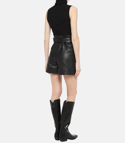 Genuine Leather Shorts Women High Waist A Line Belted Black