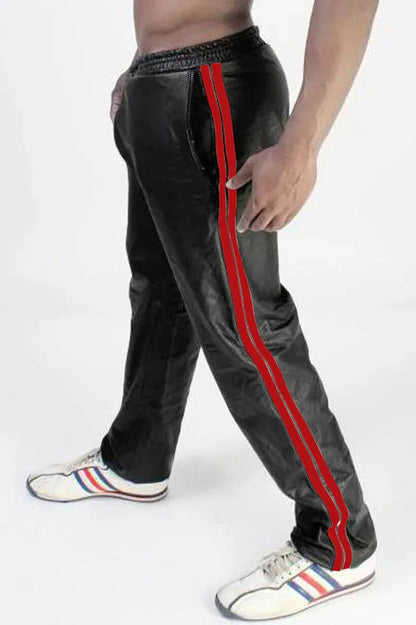 Men leather sweatpants with elastic waist stripe