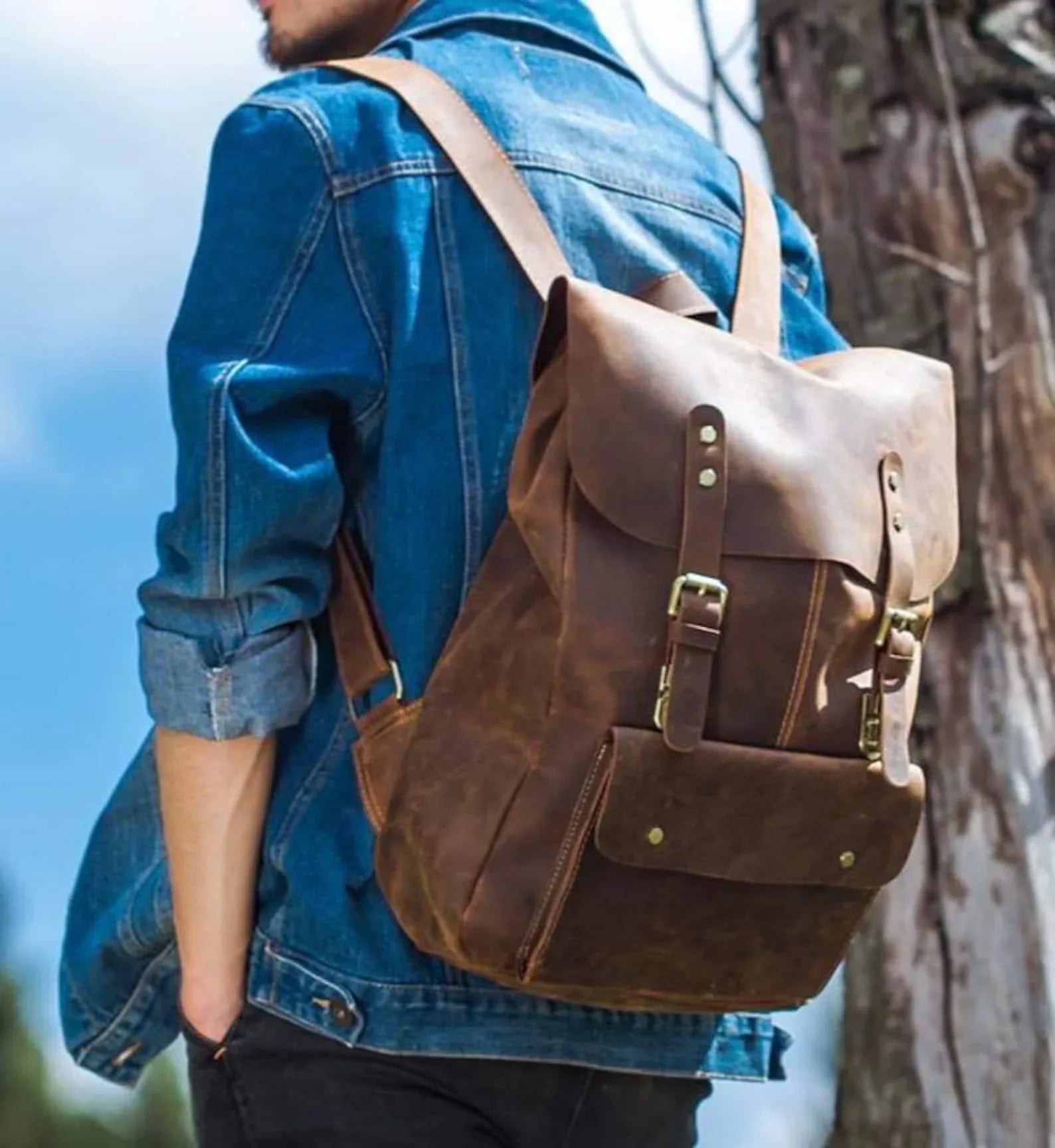 Brown cowhide leather backpack rucksack laptop travel