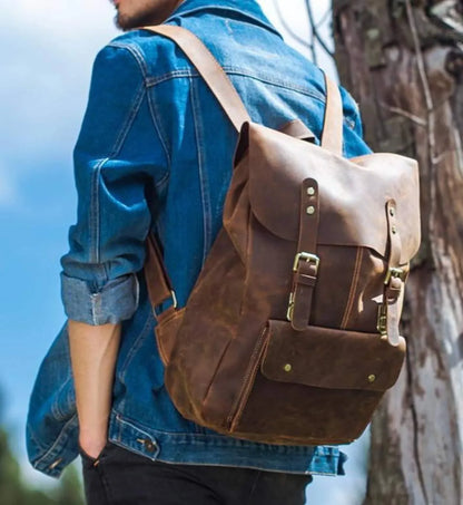 Brown cowhide leather backpack rucksack laptop travel