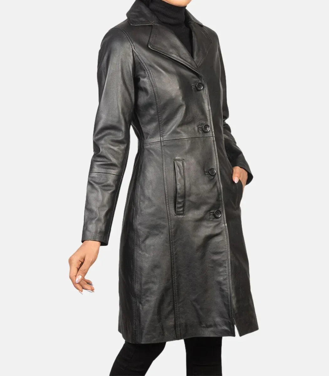 Womens Black Leather Trench Coat Long Genuine Leather Coat