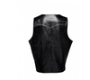 Stylish black leather vest for men, displayed on a mannequin against a white background.