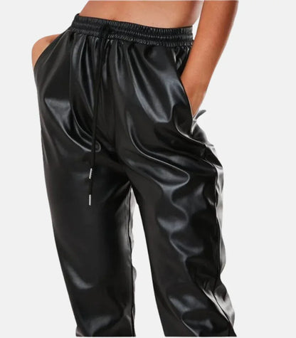 women genuine leather pants slim fit black elastic waist trousers