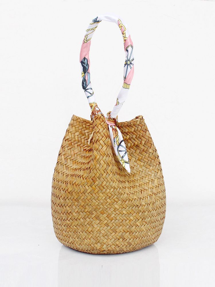 Straw bucket handbag with scarf handle for beach summer Medium