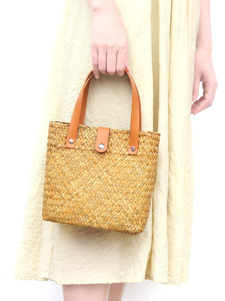 Nordic mini woven straw tote with leather handles