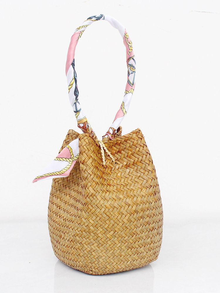 Straw bucket handbag with scarf handle for beach summer