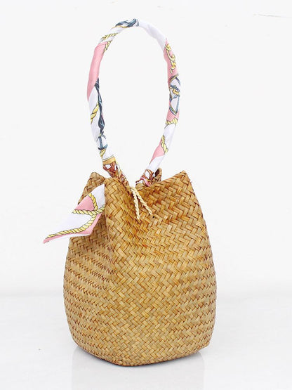 Straw bucket handbag with scarf handle for beach summer