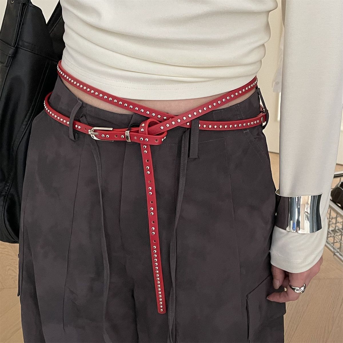 Double Layer Studded Belt for Women with Rivets