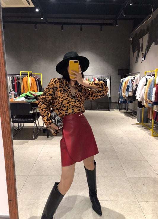 Women High Waisted Leather Mini Skirt Wrap with Gold Buttons