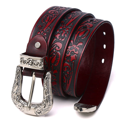 Embossed rose punk leather belt for women Red 105 cm