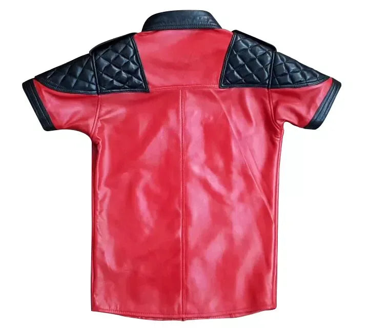 short sleeve leather shirt mens red black quilted button up