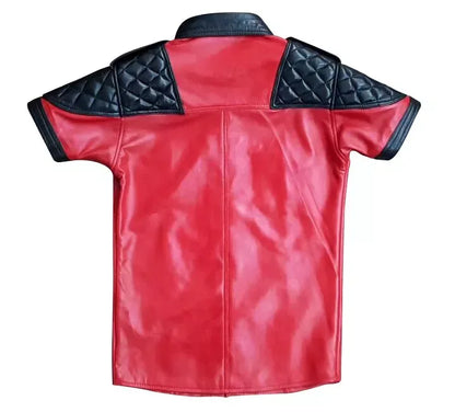 short sleeve leather shirt mens red black quilted button up