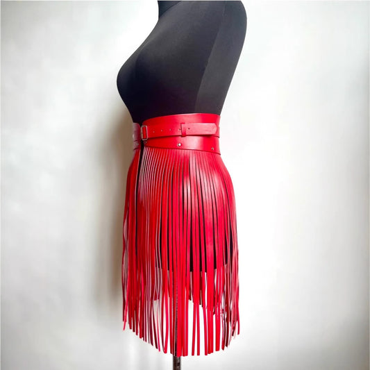 Women red fringe faux leather belt skirt high waist tassel design