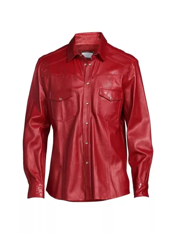 lightweight leather shirt mens snap button slim fit Red S