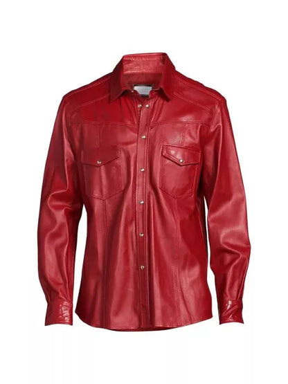 lightweight leather shirt mens snap button slim fit Red S
