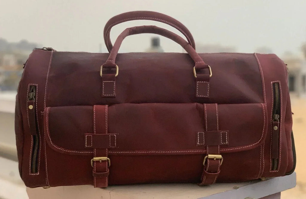 Red leather weekender bag mens genuine leather travel duffle