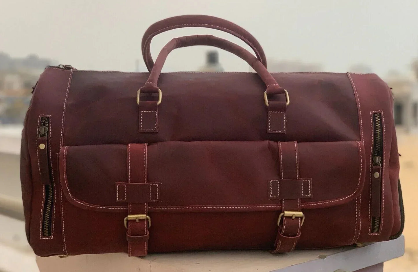 Red leather weekender bag mens genuine leather travel duffle