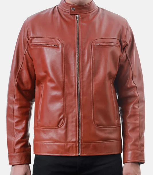 red maroon motorcycle leather jacket mens zip front biker