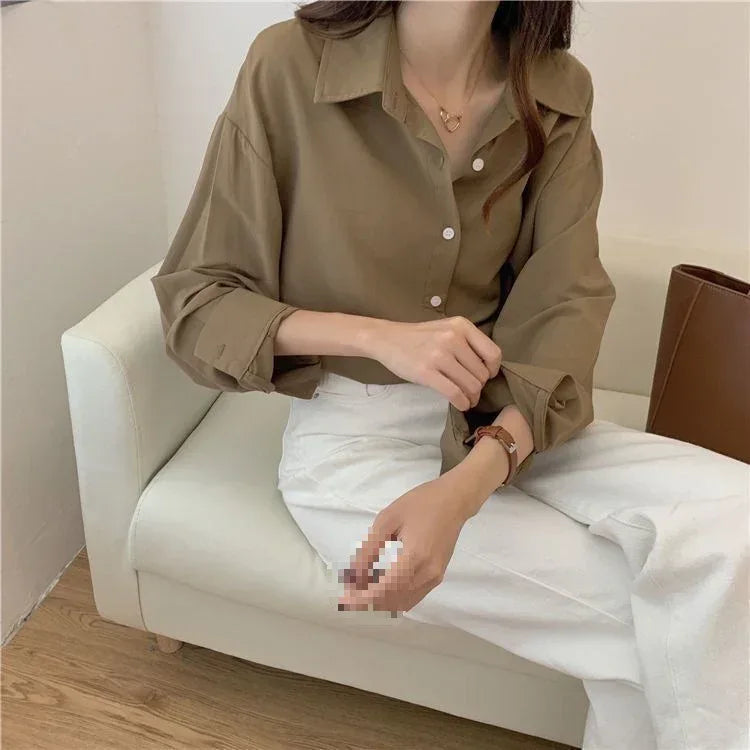 Oversized brown drop shoulder shirt women business casual button blouse 3 S