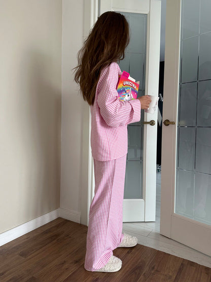 soft gingham pajama set women relaxed cotton sleepwear
