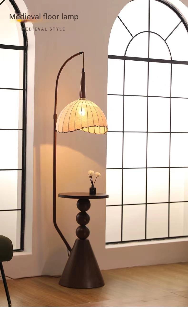 retro wood floor lamp with side shelf lighting