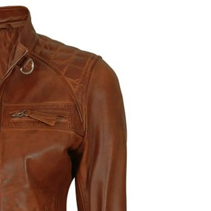 Brown Leather Jacket for Women Slim Fit Biker Style