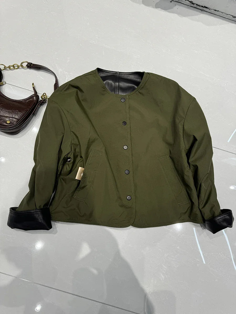 women leather jacket with round neck snap buttons
