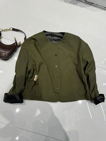women leather jacket with round neck snap buttons