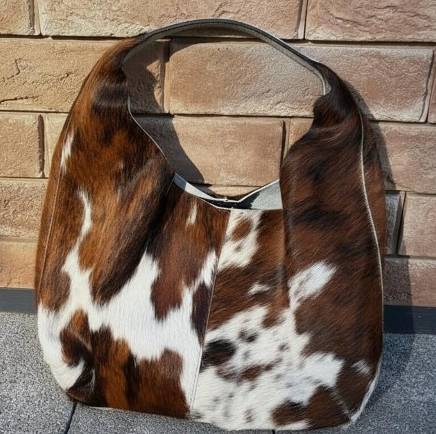 Brown white cowhide hobo shoulder bag for western daily use