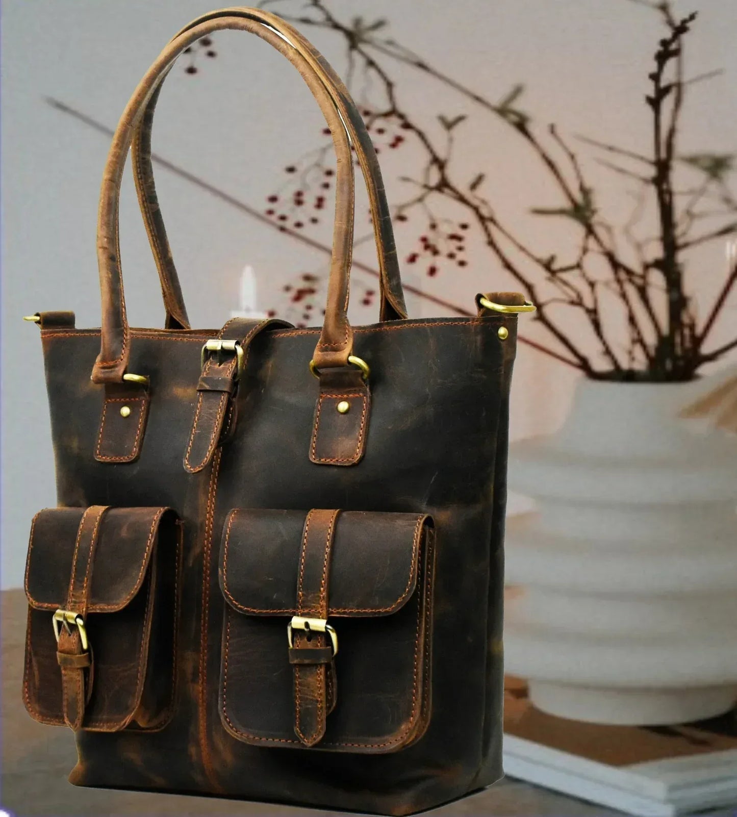 Leather Tote With Compartments For Women Large Organizer Bag