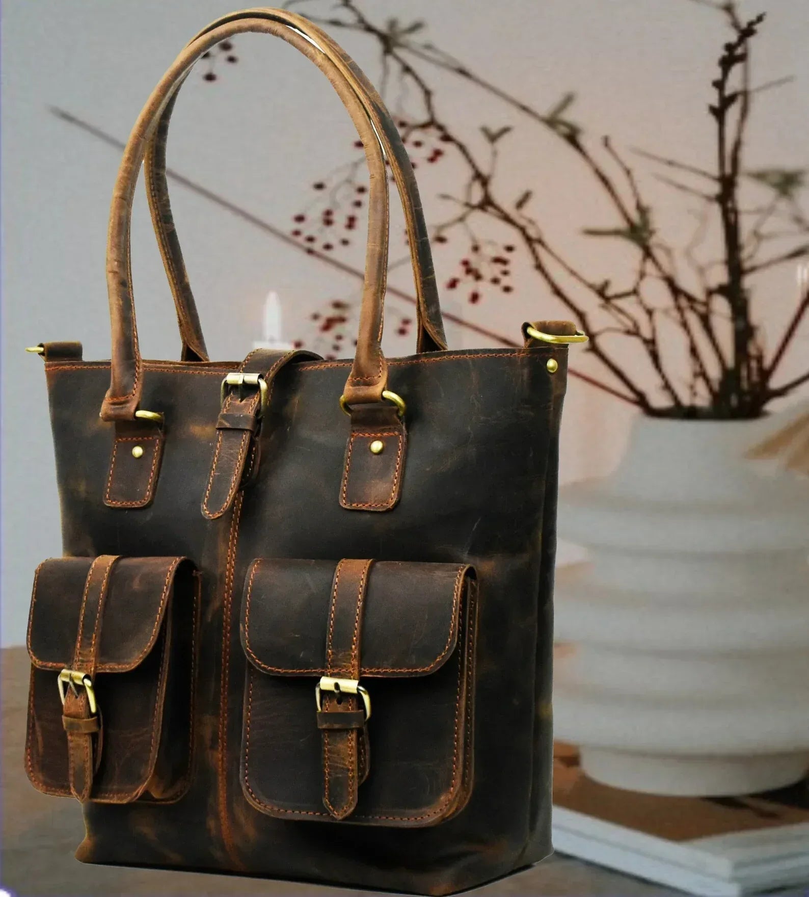 Leather Tote With Compartments For Women Large Organizer Bag